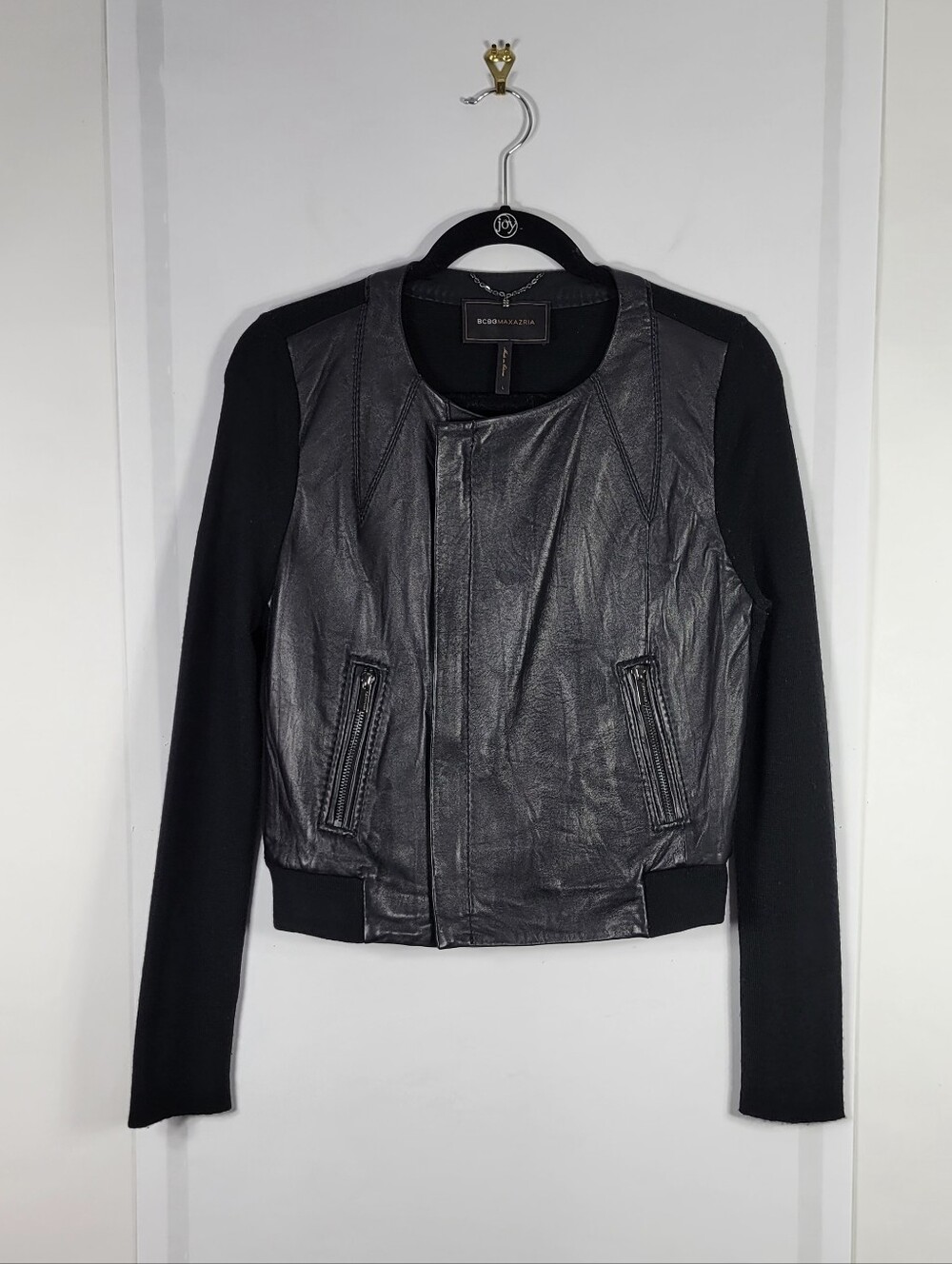 BCBGMaxAzria Black Leather-Front Knit Sleeve Jacket #828 Size L